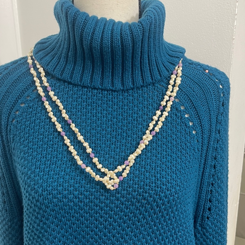 Blue TALBBTS Turtleneck Sweater with Beaded Necklace
